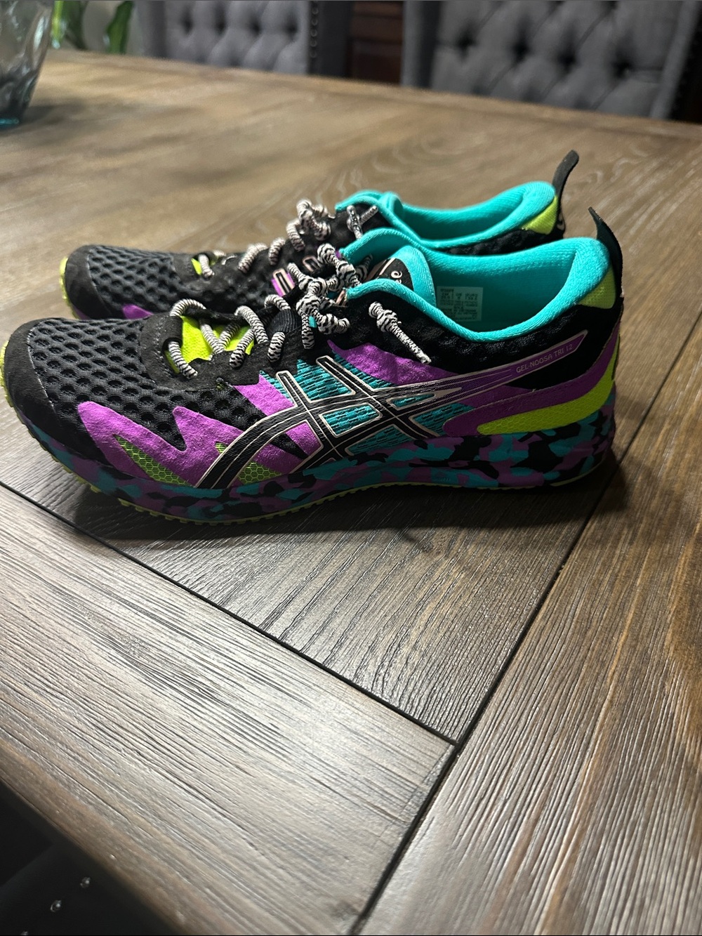 Asics GEL-NOOSA Tri 12 Black Sneakers with Purple, Teal & Neon Yellow Accents